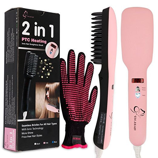 Tec Bean 2-in-1 Ionic Hair Straightener Brush with 5 Heat Settings and Heat Resistant Glove - Khazanay