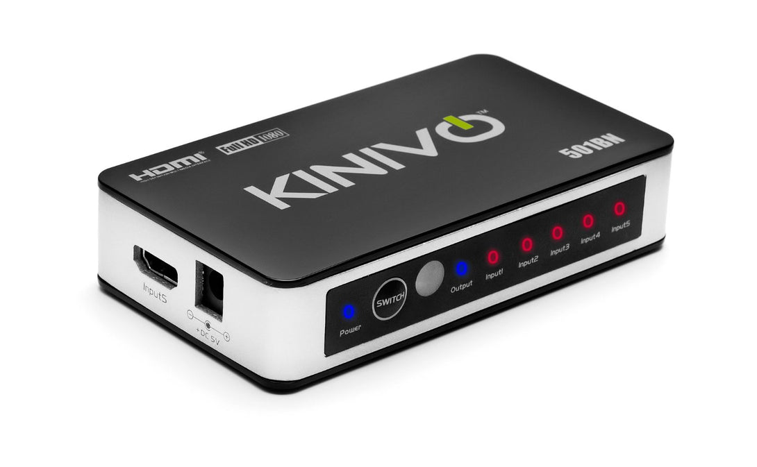 Kinivo 501BN Premium 5 port High speed HDMI switch with IR wireless remote and AC Power adapter - supports 3D, 1080p - Khazanay